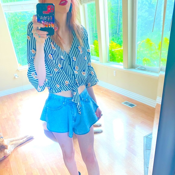 Stripe Floral Button Up Blouse - Picture 1 of 5